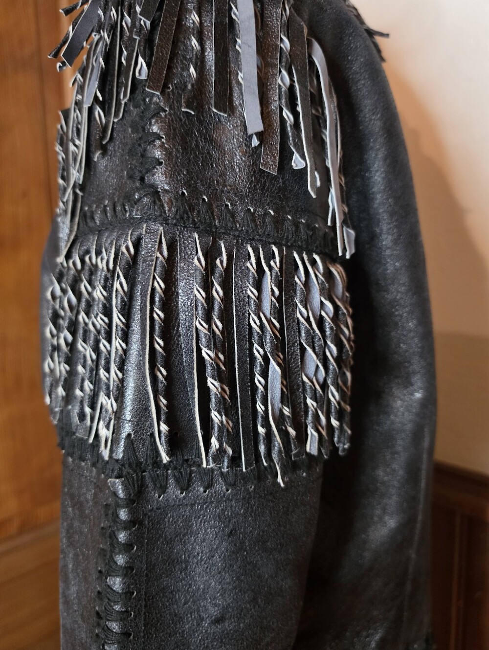 NWOT Vntg Double D Ranch Paint Your Wagon Black Leather Fringe Whipstitch Jacket - Picture 10 of 12